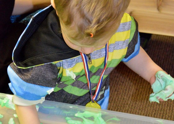 preschool sensory table shaving cream and paint messy play
