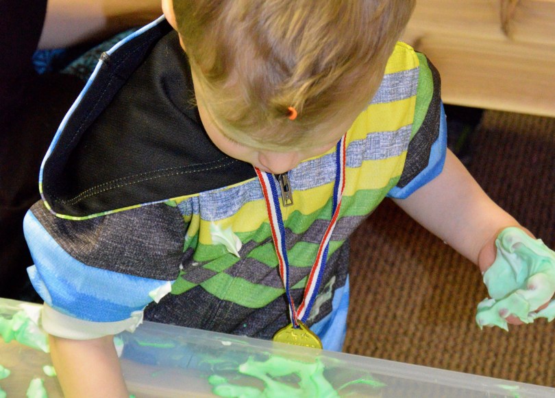 preschool sensory table shaving cream and paint messy play